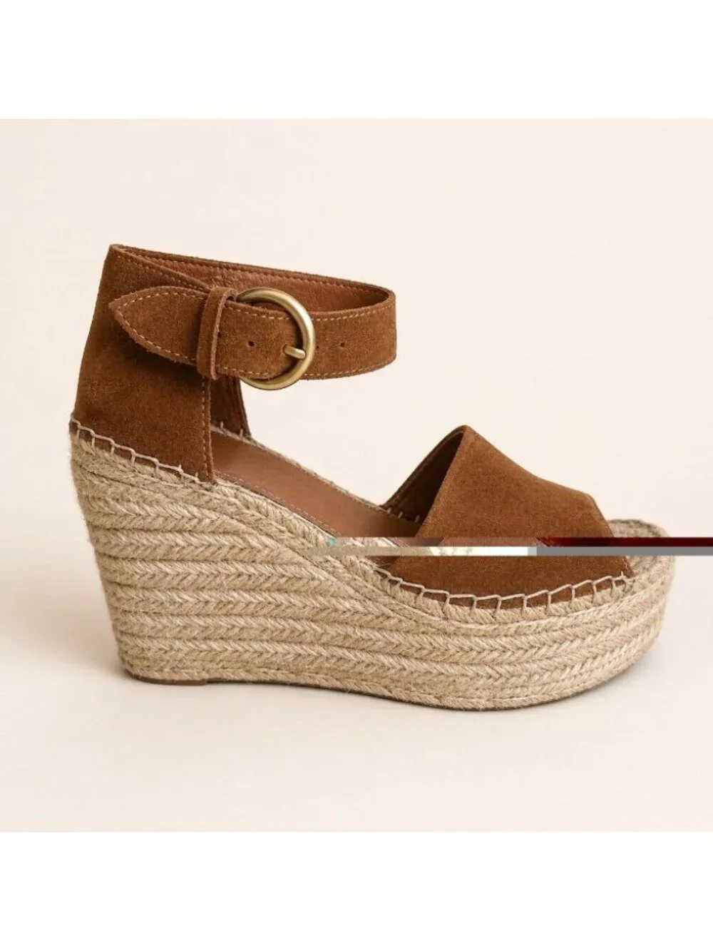 Marc Fisher Espadrille Wedge Women 9 Brown Platform Ankle Strap Leather Sandal